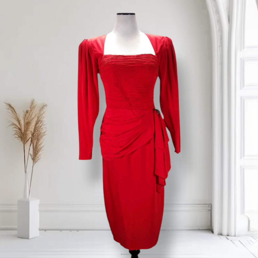 Vintage 90s Red Fitted Midi Cocktail Dress 6 Square Neck